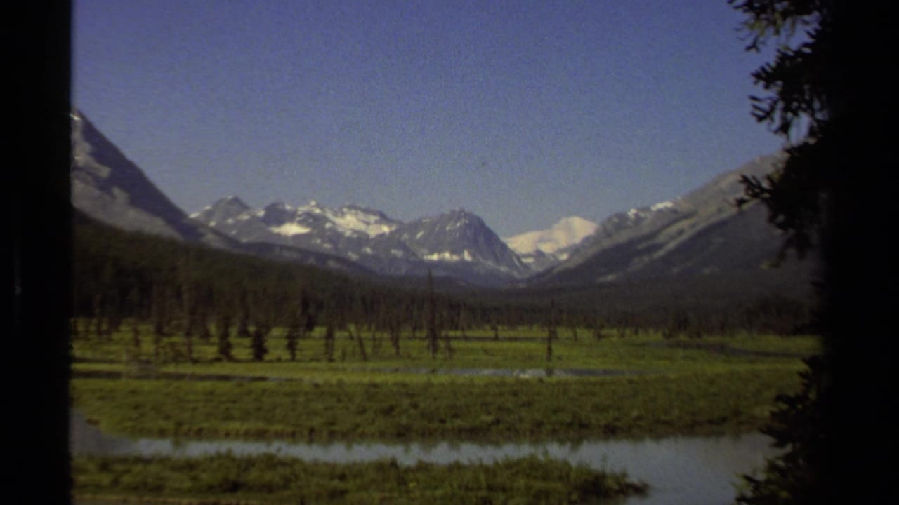 1979 British Columbia 8mm view of snow-capped mountains, meadow, river water, and dark foreground trees.