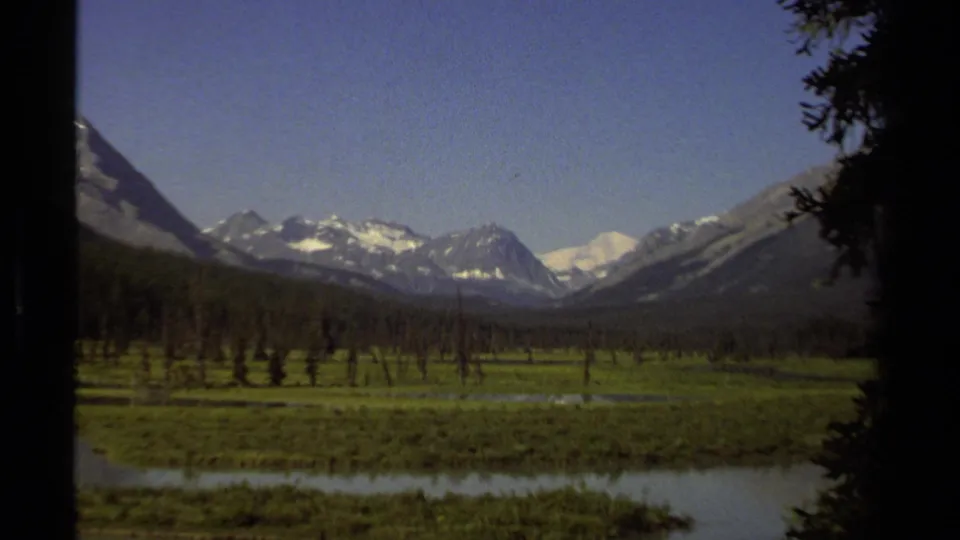1979 British Columbia 8mm view of snow-capped mountains, meadow, river water, and dark foreground trees.