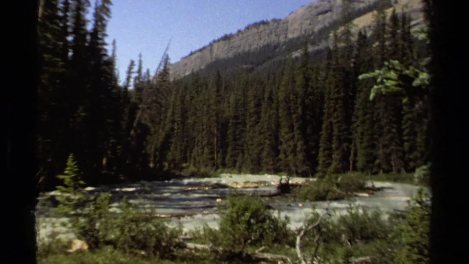 Wider 8mm view of a rocky stream, low shrubs, evergreen forest, and mountain slope in British Columbia.