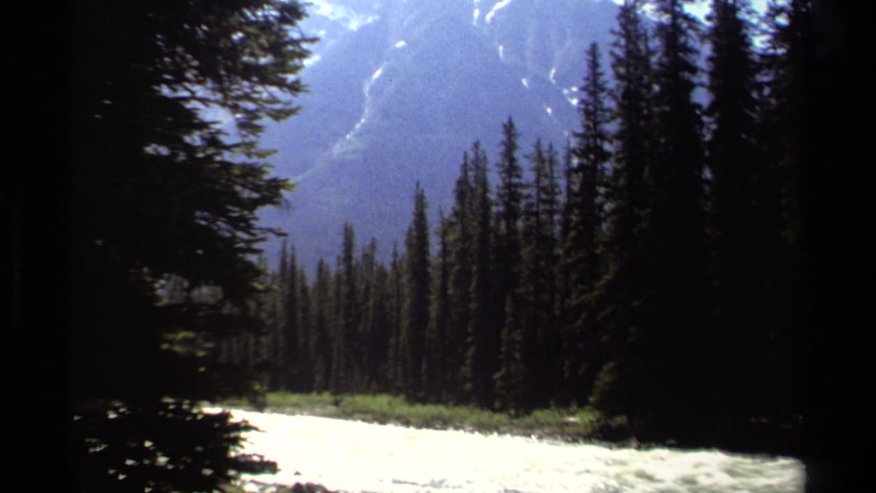1979 British Columbia 8mm frame showing a pale rushing river below dense evergreens and distant mountain slopes.