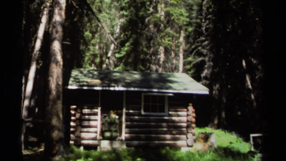 A rustic log cabin stands among tall evergreens in British Columbia, captured in soft 1979 8mm home-movie footage.