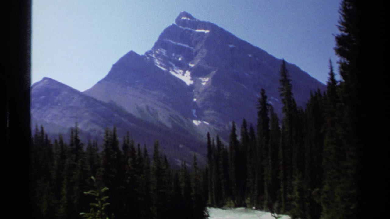 Snow-streaked mountain rising above a dark conifer forest with pale sky behind it.