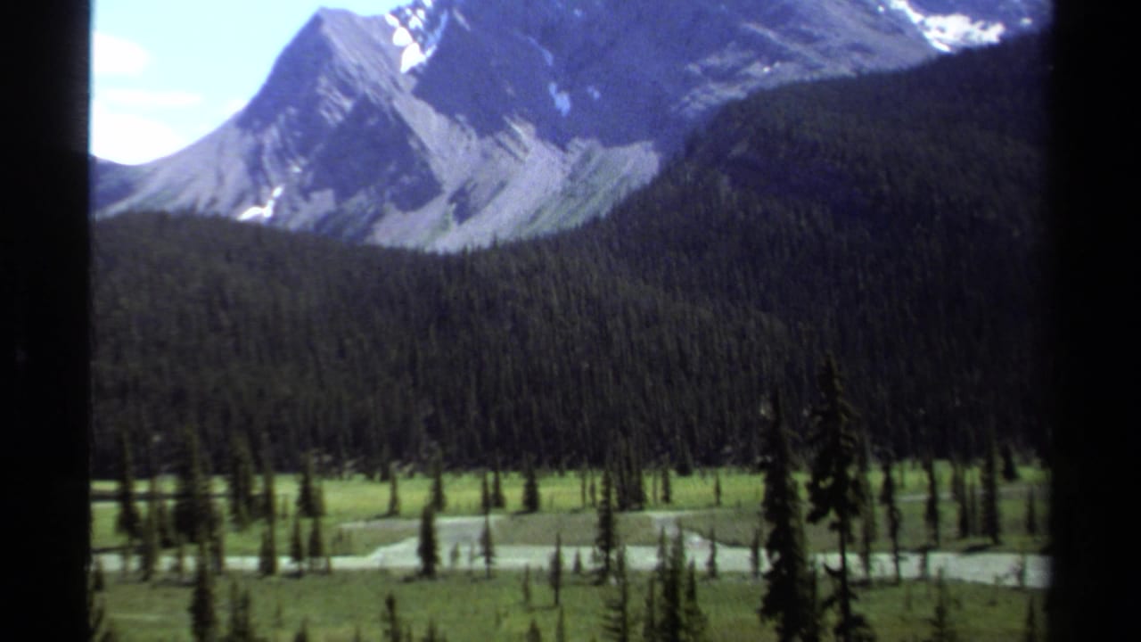1979 British Columbia home-movie frame showing evergreen forest, meadow-like valley floor, winding water, and distant rocky peaks.