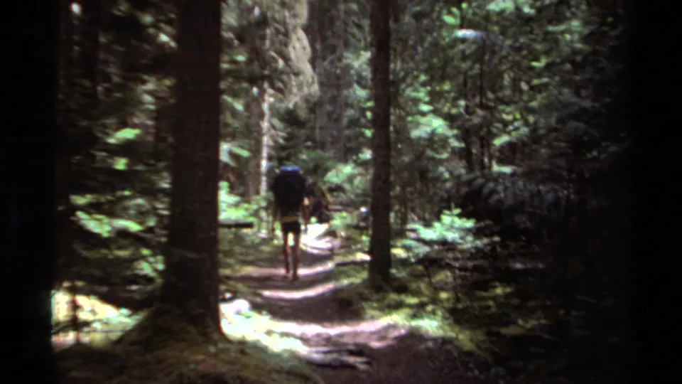 A backpacked hiker is seen from behind on a narrow British Columbia forest path, framed by dark tree trunks and green understory in 1979 8mm footage.