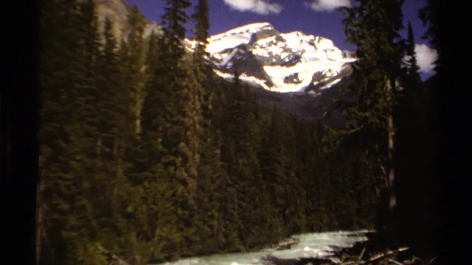 1979 British Columbia 8mm frame of dense evergreens, pale moving water or shoreline, and a bright snow-covered mountain in the background.