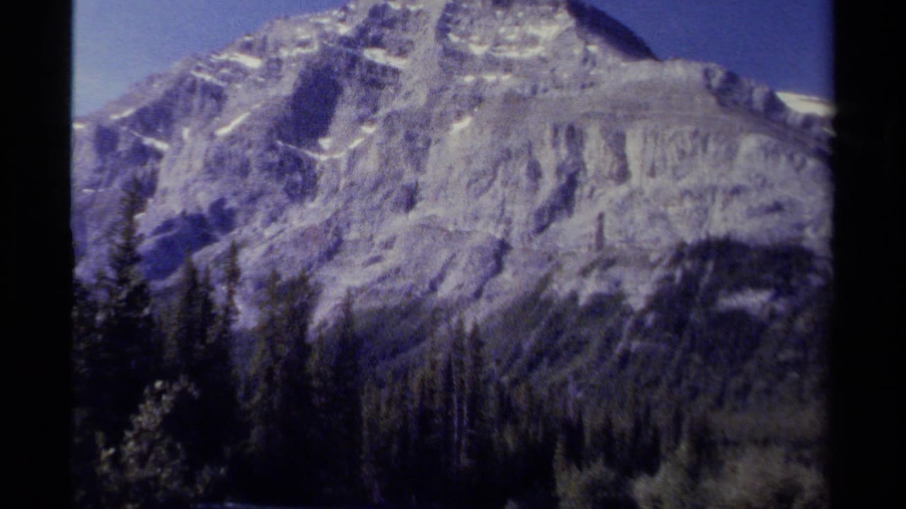 Rocky mountain slope with snow patches above forested terrain.