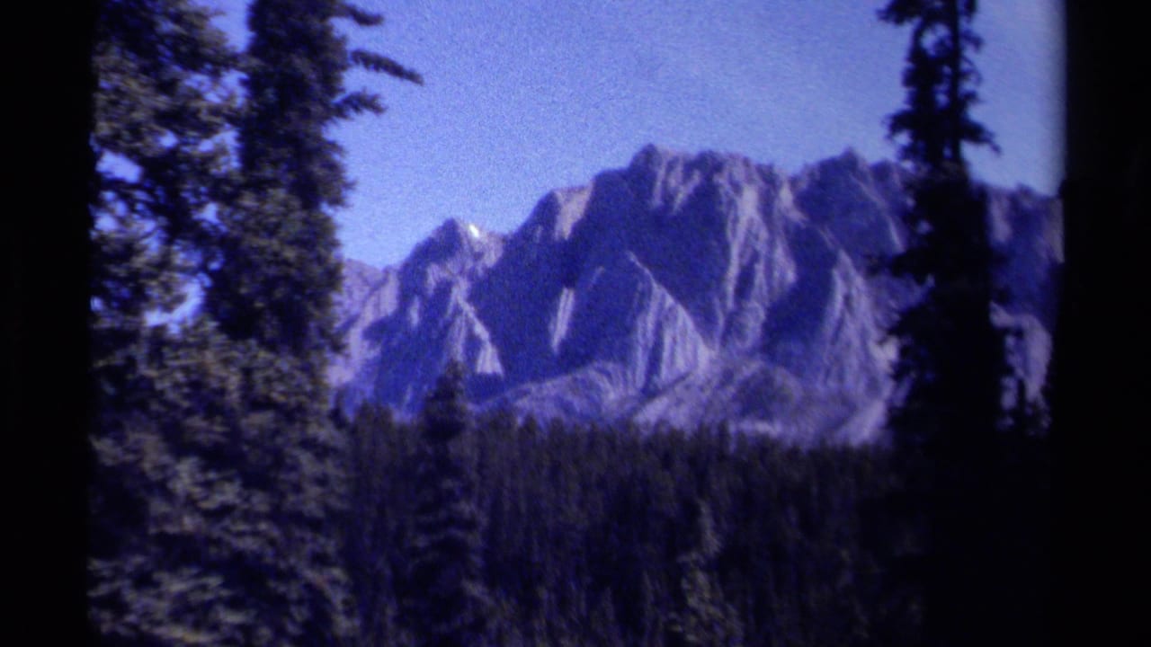 Rugged mountain peaks rise beyond evergreen trees under a blue sky.