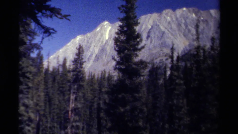 British Columbia mountain scenery on 8mm film, with evergreen trees silhouetted against a pale ridge.