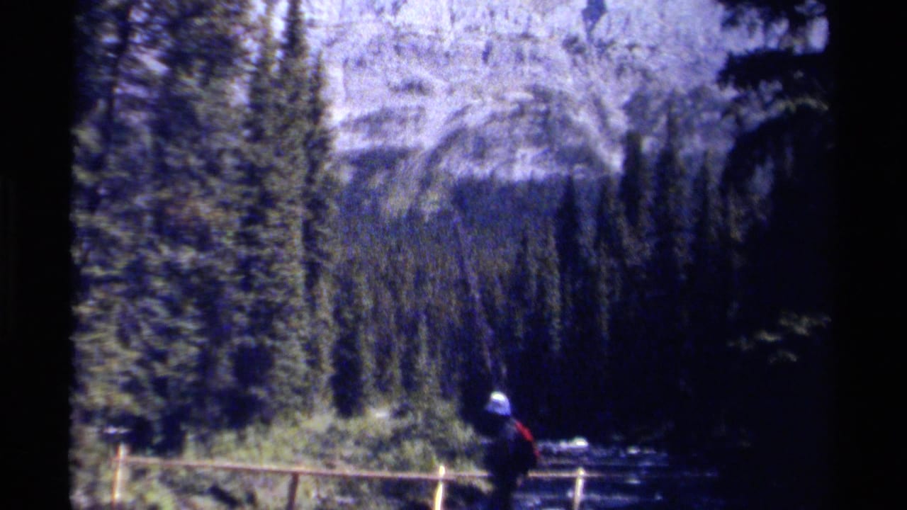 Hiker with backpack bends or steps near the bridge railing below evergreen trees and mountains.