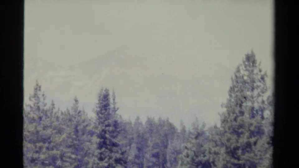 Hazy snow-capped mountains and conifer trees appear in soft 8mm British Columbia landscape footage.