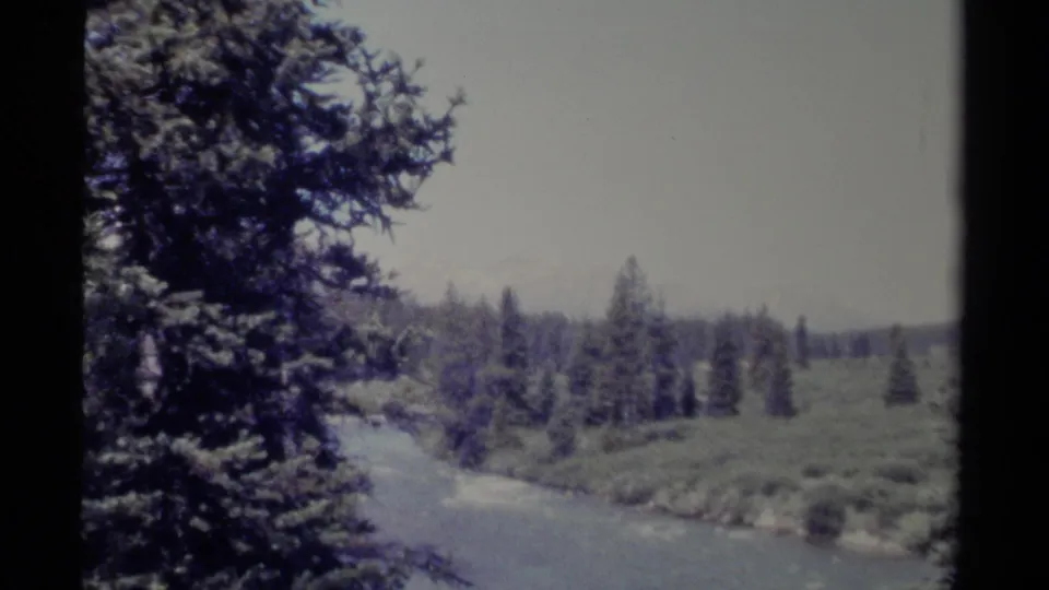 1979 British Columbia home-movie frame of a river winding beside dense evergreens and distant wooded hills.