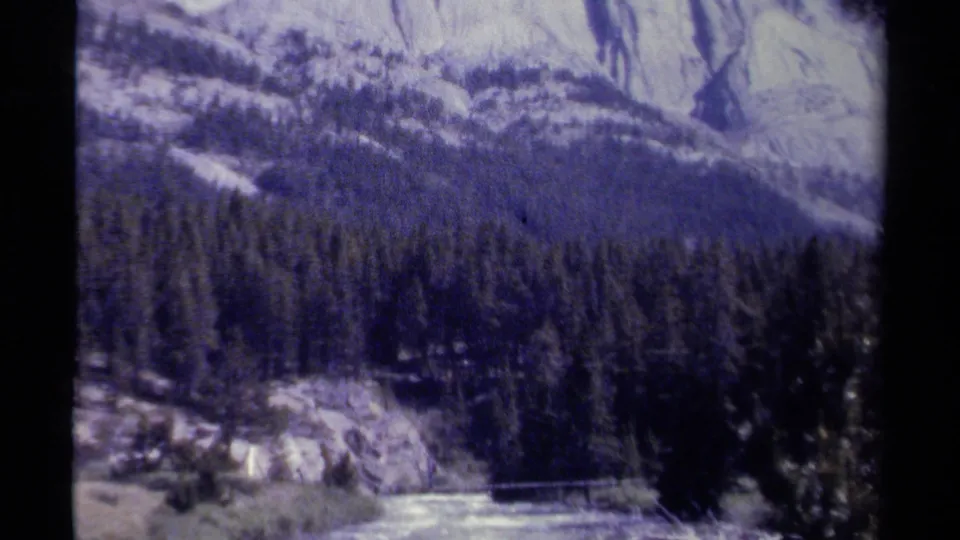 1979 British Columbia mountain landscape with conifer forest below rugged pale slopes and a bright lower channel.