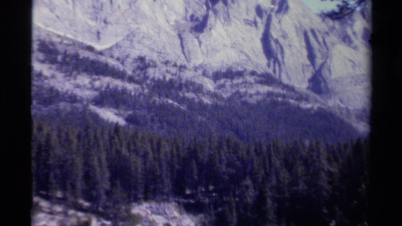 1979 8mm British Columbia mountain view with pale rocky ridges rising above a dense evergreen forest.