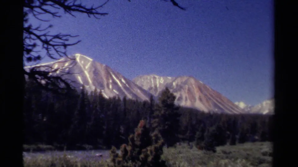 1979 British Columbia landscape with snow-striped peaks, dark foreground trees, blue sky, and meadow grasses.