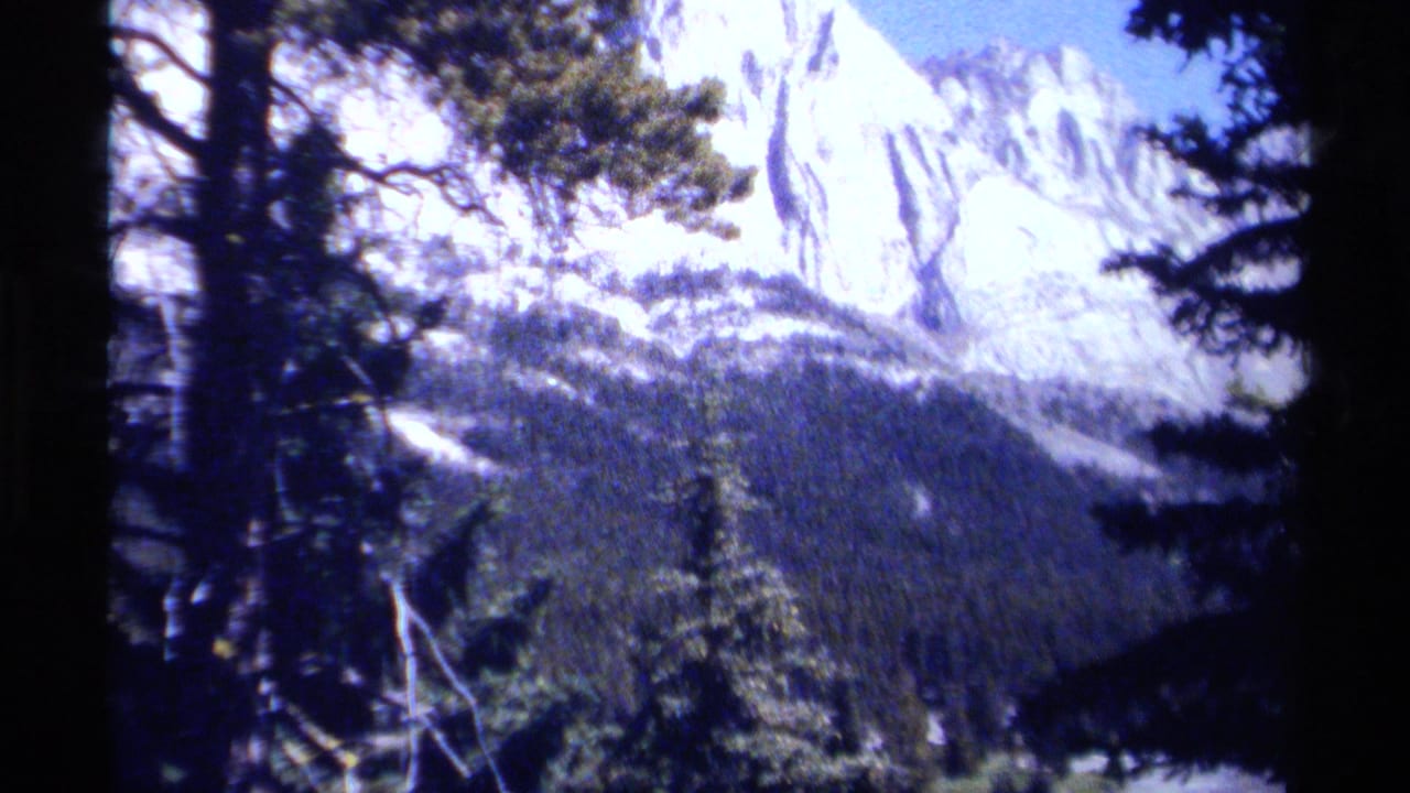 Evergreen trees frame snowy mountain slopes and a forested valley.