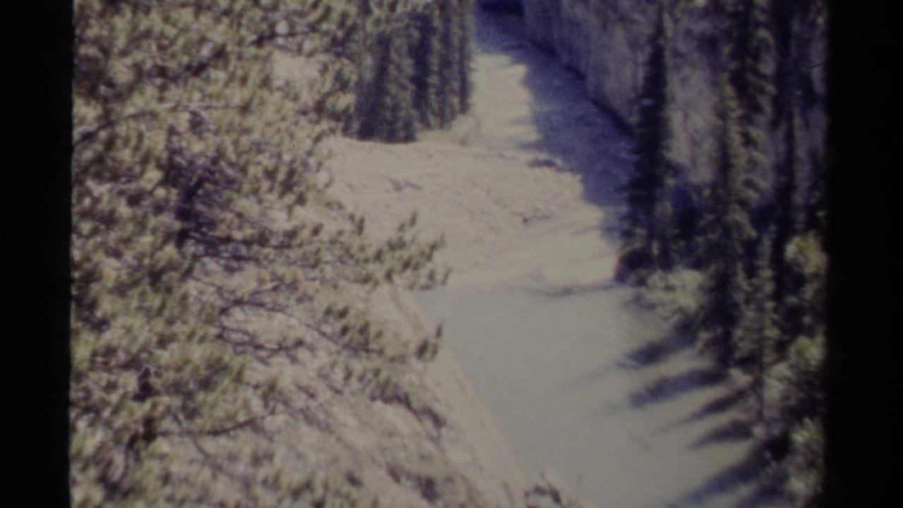 Snow-covered river corridor bordered by evergreen trees and canyon slopes.