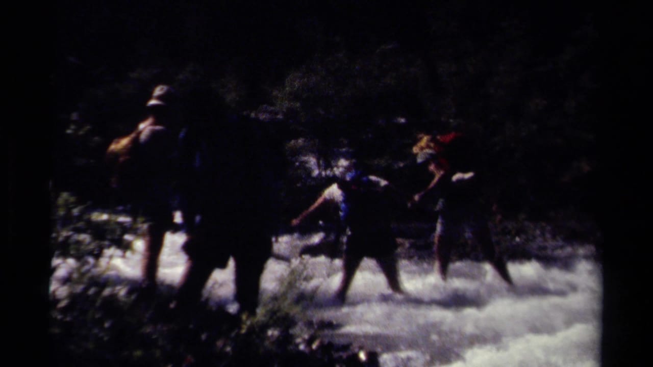 Backpacked hikers wade through a bright, rushing mountain stream in deep shadow.