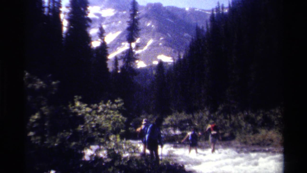 Hikers wade through a bright mountain stream below dark evergreens and snowy peaks.