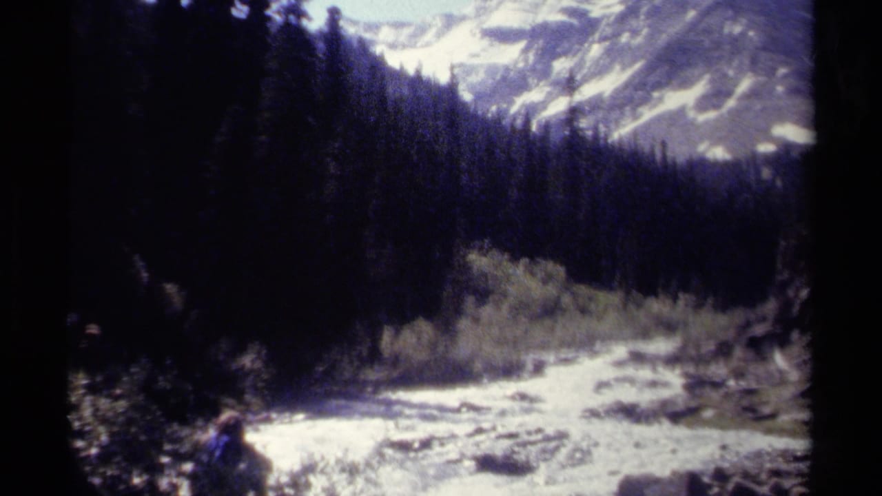 1979 British Columbia home-movie view of a rushing stream, dense forest, and pale mountain ridges in the distance.