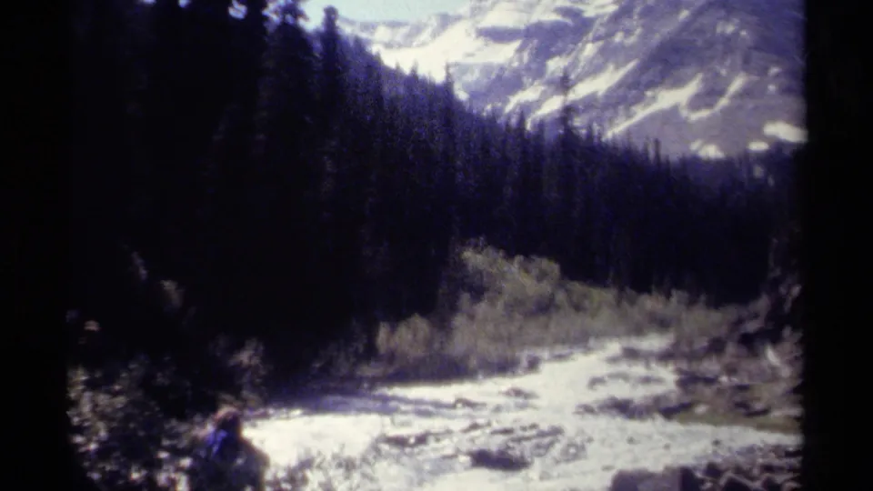 1979 British Columbia home-movie view of a rushing stream, dense forest, and pale mountain ridges in the distance.