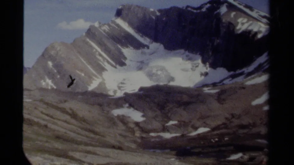 1979 British Columbia 8mm frame showing an alpine glacier basin, steep snow-streaked ridges, blue sky, and visible physical film marks.