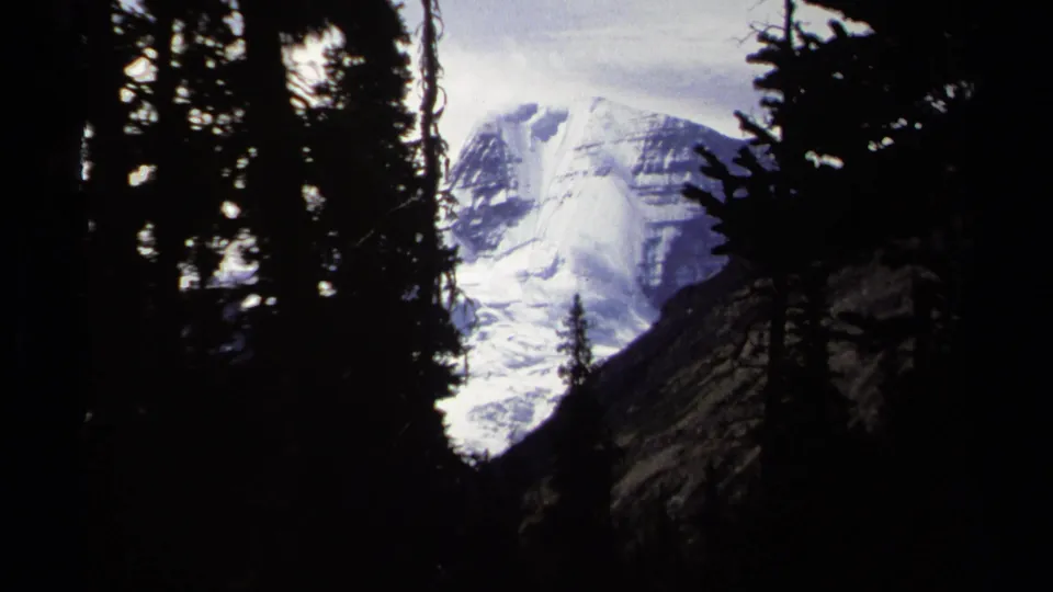1979 8mm frame showing a snow-covered British Columbia mountain through dense evergreen foreground.