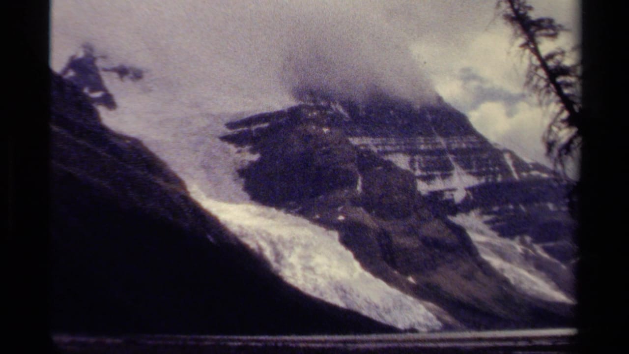 1979 British Columbia mountain view with a bright snowfield, dark ridge, low cloud, and a tree branch at the frame edge.