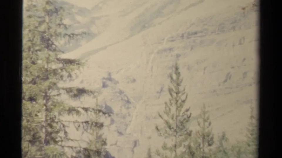 A pale, sunlit mountain face in British Columbia is seen through foreground conifers, with heavy exposure and soft film grain.