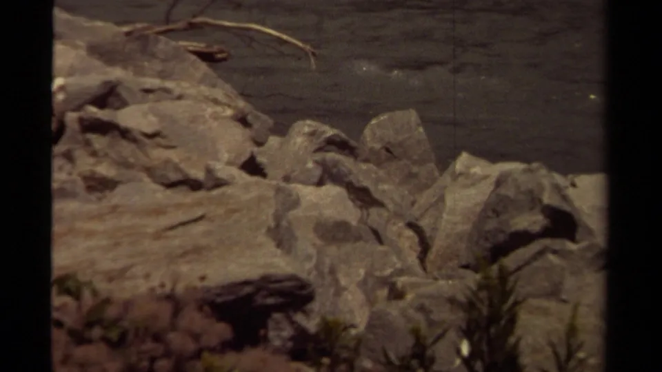1979 British Columbia 8mm frame showing rocks and driftwood near a dark water surface.