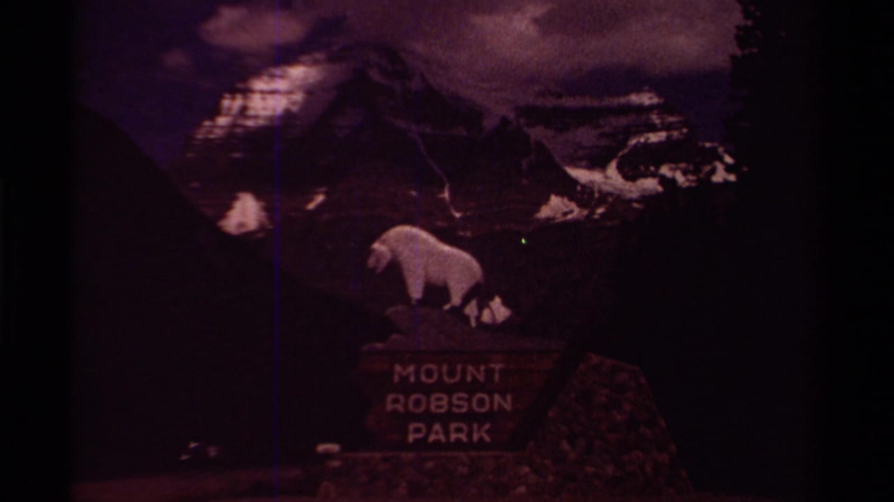 Mount Robson Park sign with white sheep statue against a dark mountain backdrop.