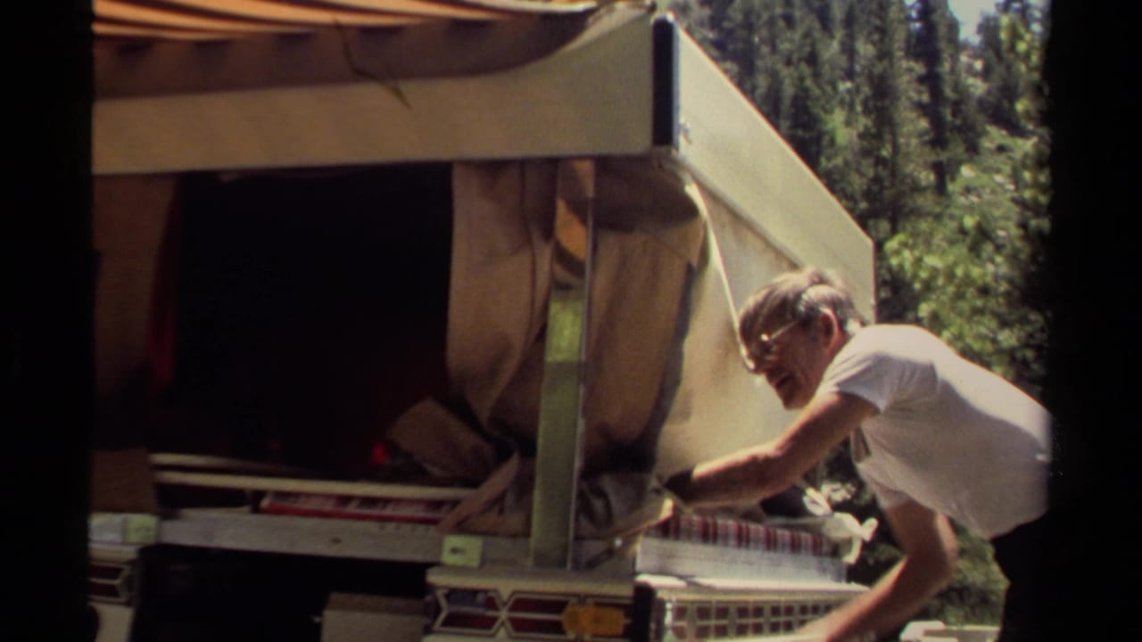 Man leans toward a vintage camper under an extended awning.