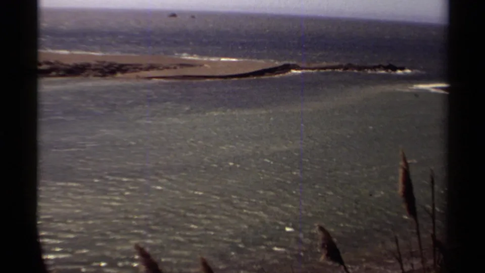 1980 Mendocino home-movie frame showing shimmering coastal water, a distant sandbar, small surf, and foreground grasses.