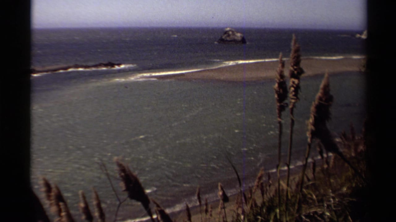 1980 8mm view of the Mendocino coast, showing surf across a sandbar, offshore sea stacks, and tall grasses near the camera.