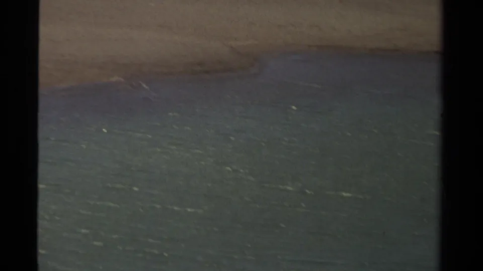 The final frame shows Mendocino shoreline, ocean water, and pelicans near the distant surf on soft 8mm film.