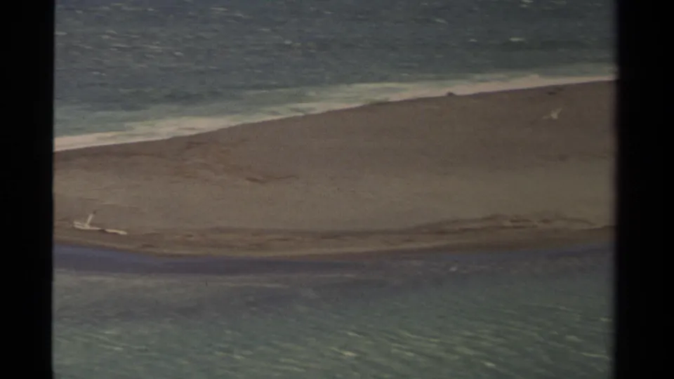 1980 Mendocino coastal view showing surf, sand, and a water channel within the edges of an 8mm frame.