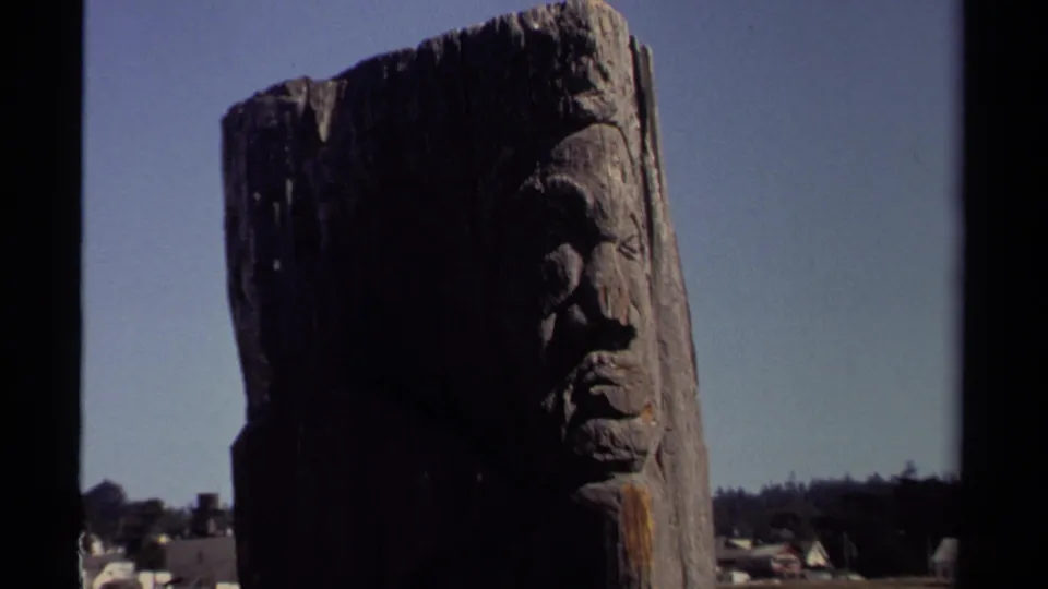 A closer 8mm view emphasizes the dark carved face and rough surface of the wooden pole in Mendocino scenery.