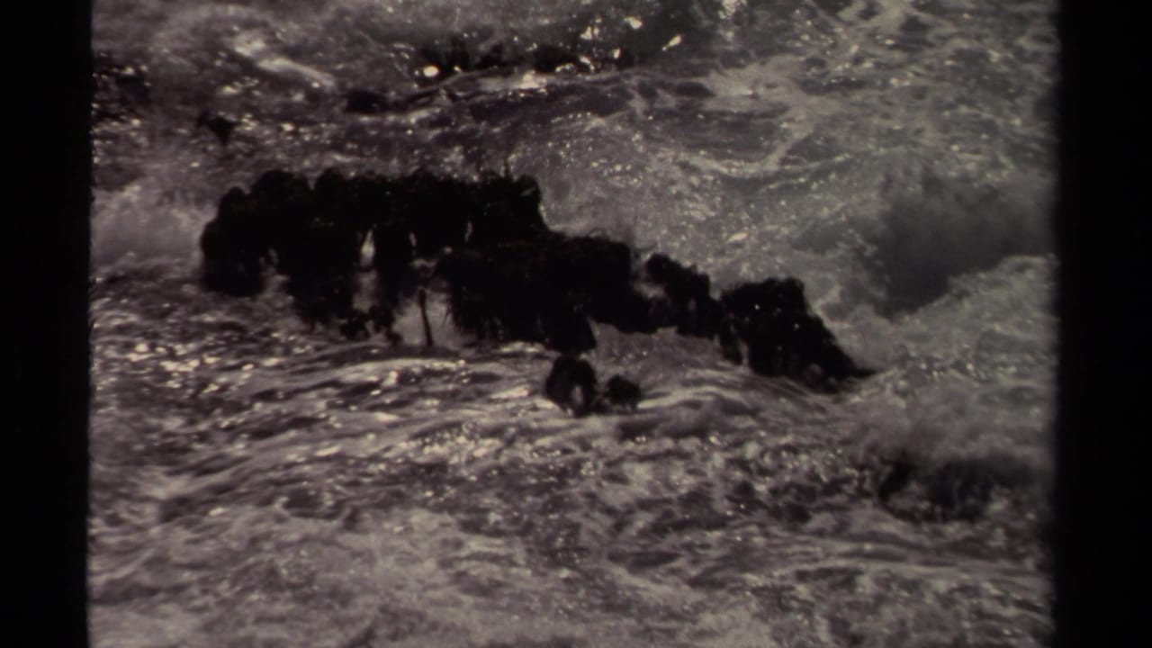 Foamy waves break around dark rocks in a high-contrast coastal shot.