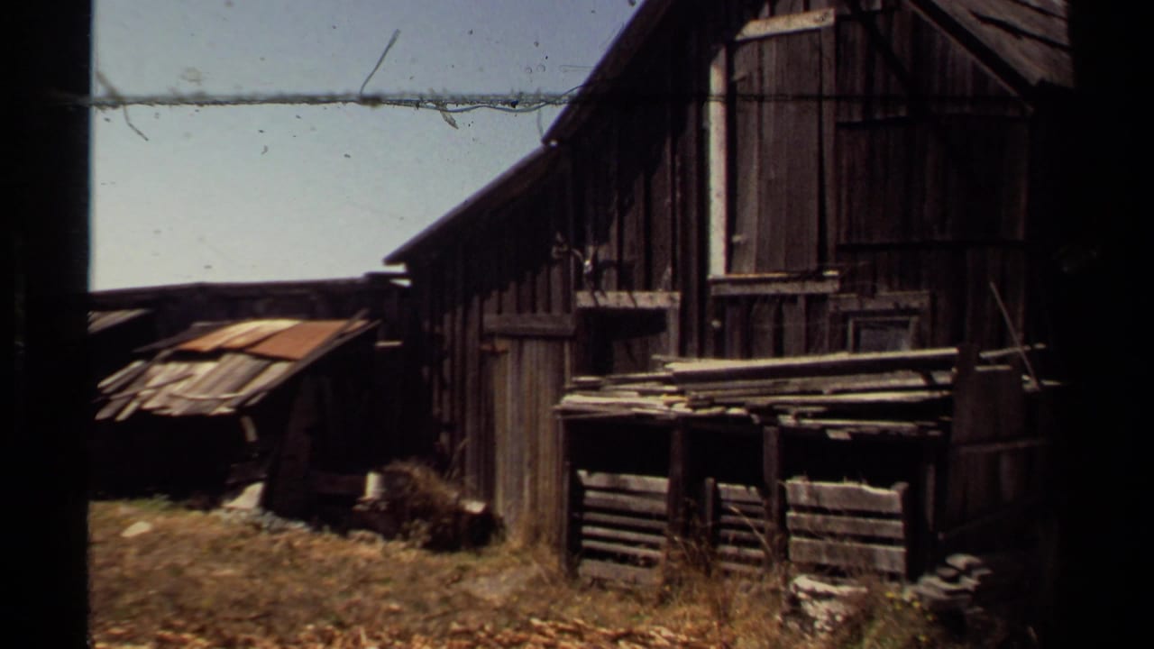 Weathered wooden buildings and sheds in dry grass with dark film edge at left.