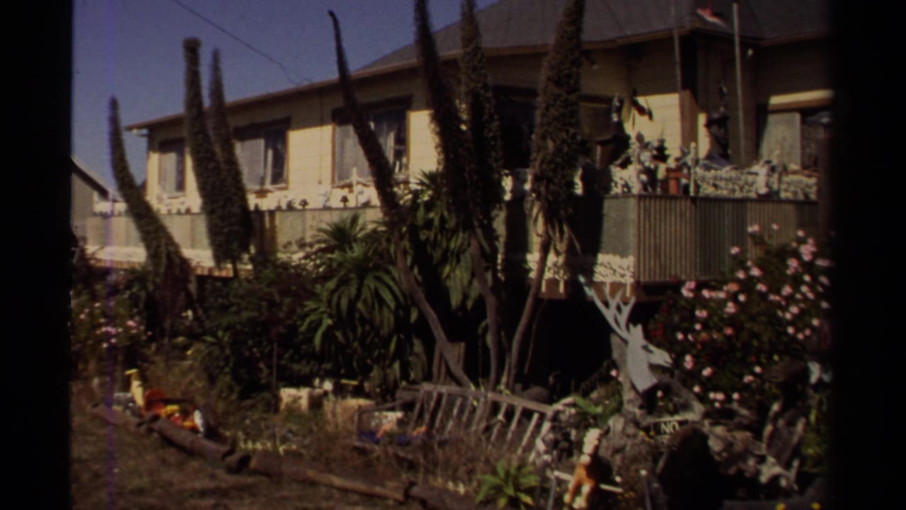 Two-story house behind a dense garden with tall plants and yard ornaments.