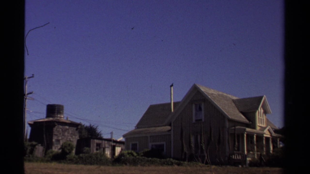 Wooden house, small outbuilding, yard, and clear blue sky.