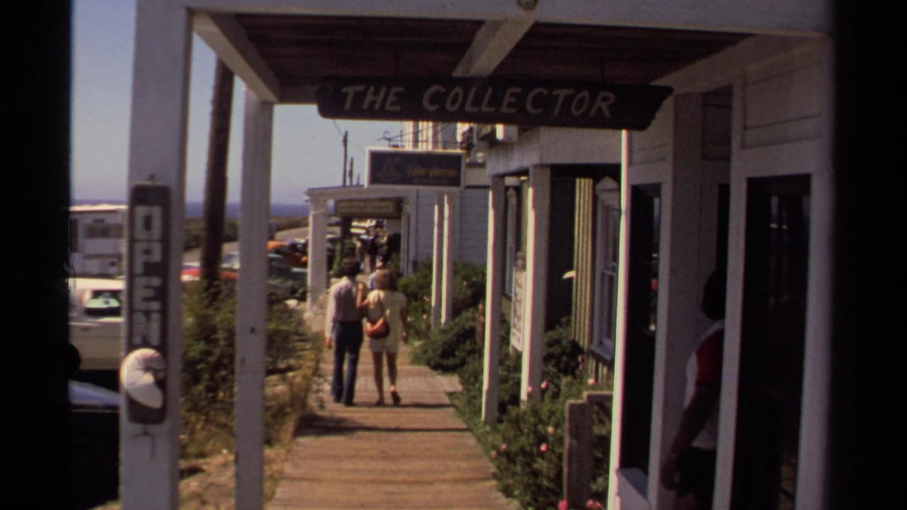 Couple walking on a wooden boardwalk past storefronts and a sign reading The Collector.