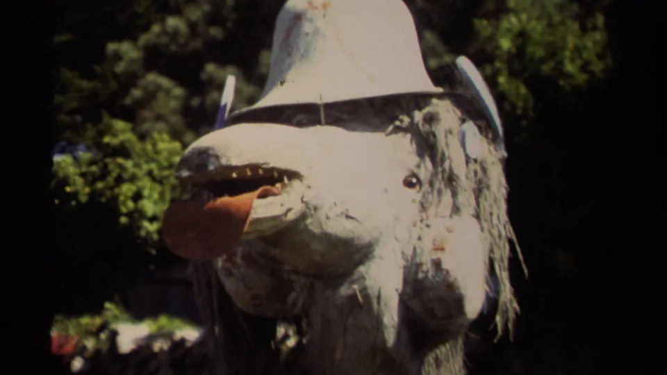 1980 8mm frame from Mendocino showing a weathered goat-like mask on a pole, wearing a white hat with foliage behind it.