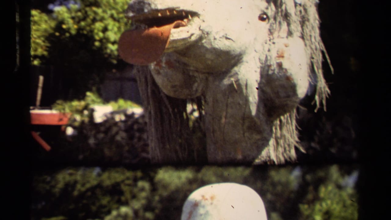 Close-up of a worn llama pinata outdoors in Mendocino, California, from 1980 8mm home-movie footage.
