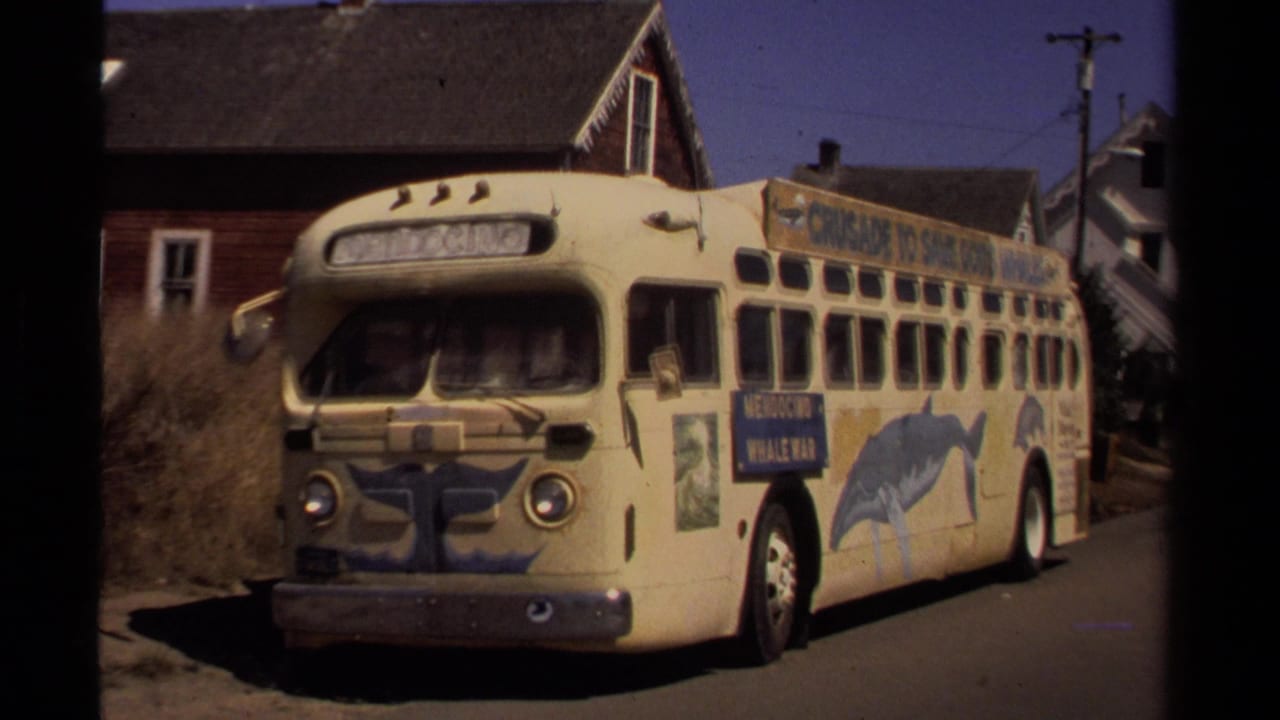 1980 Mendocino home-movie frame showing a yellow bus with whale graphics on a street lined with wooden buildings and utility poles.