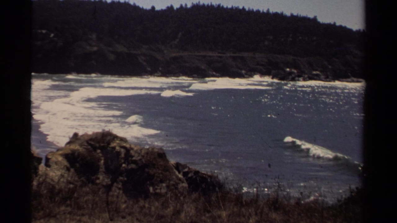 Ocean waves break below a rocky, forested coastline seen through dark 8mm frame borders.