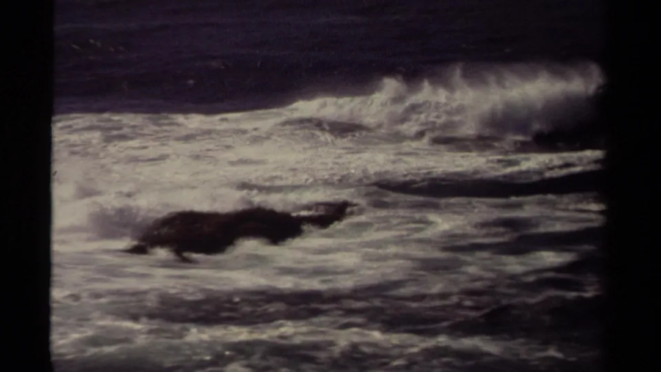 1980 Mendocino coastal frame showing foamy surf rolling across dark rocks with a hazy ocean background.