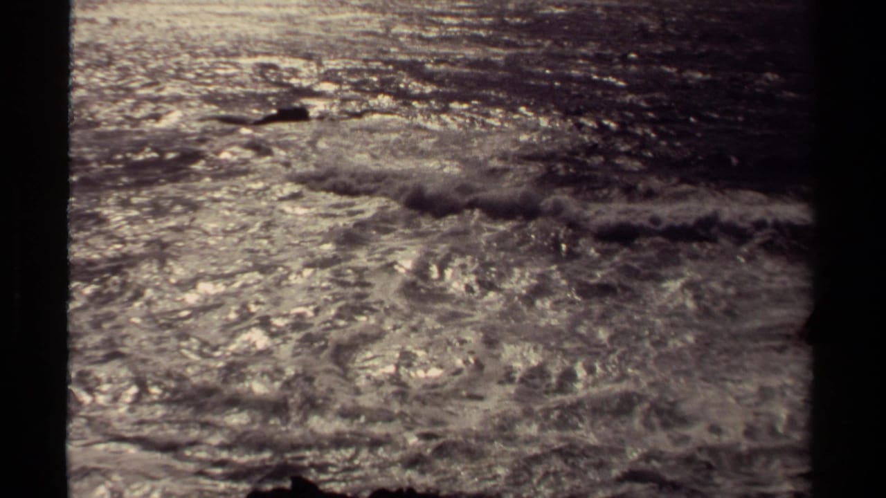 Sunlit ocean surface with white surf breaking near dark rocks.