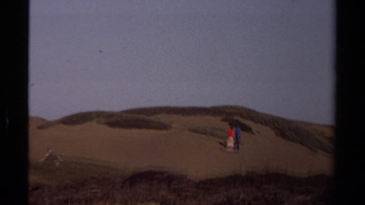 Two distant figures stand or walk on dunes with scrub-covered slopes behind them.