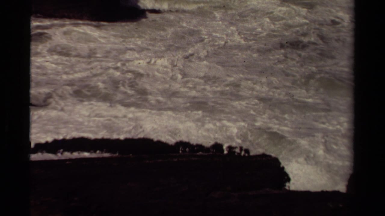 White-capped ocean churns beside a dark rocky headland under a gray sky.