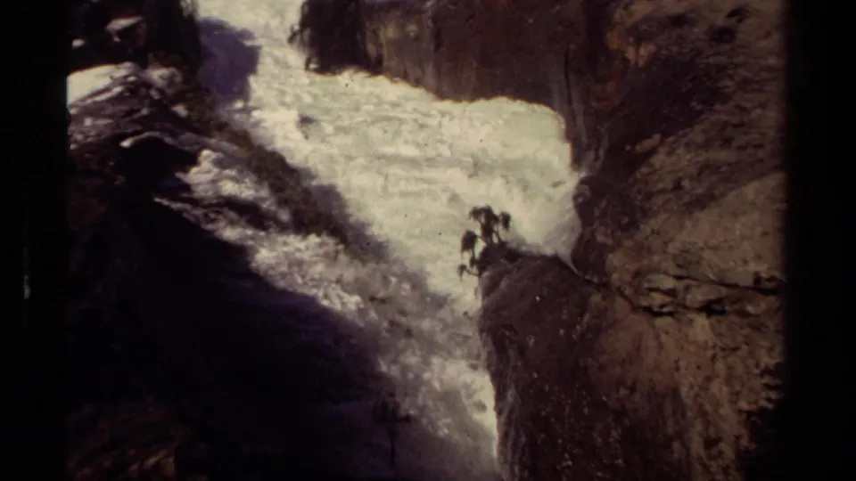 Foaming coastal water moves through rocks in the 1980 Mendocino home-movie footage.
